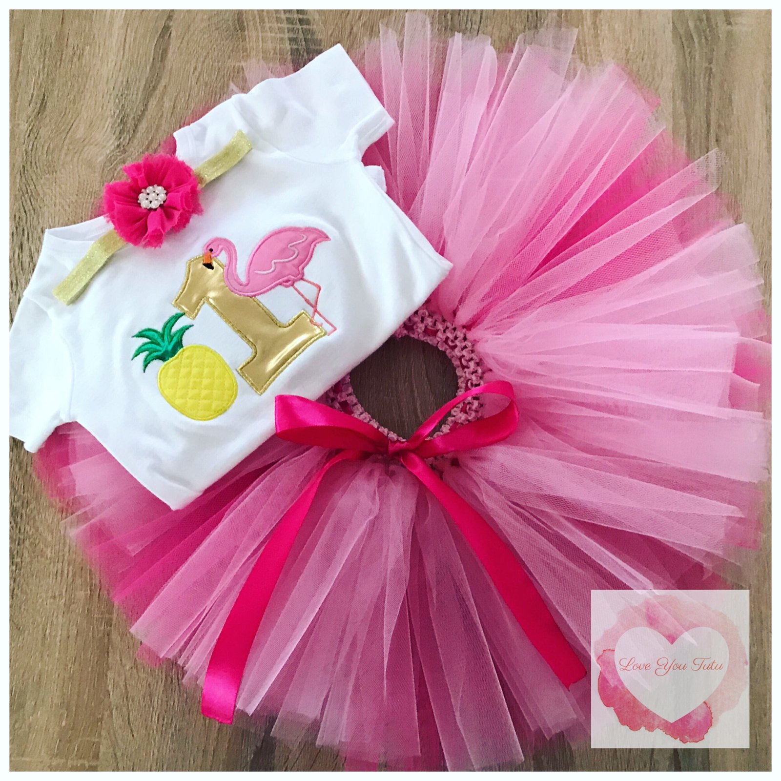 Embroidered flamingo & pineapple tutu set