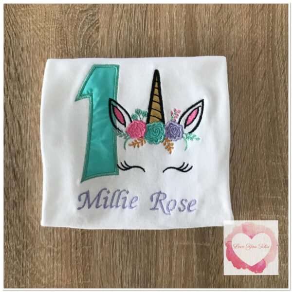 Embroidered Unicorn face baby blue, pink & lavender tutu set - Image 2