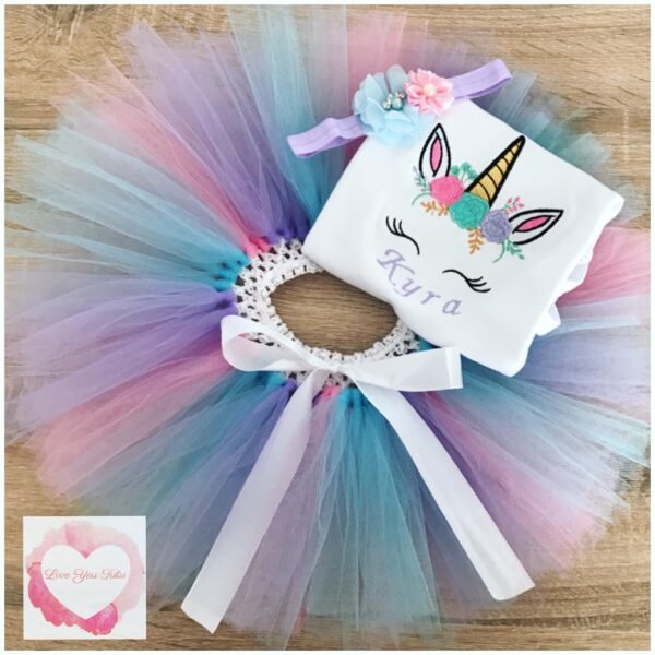 Embroidered Unicorn face baby blue, pink & lavender tutu set