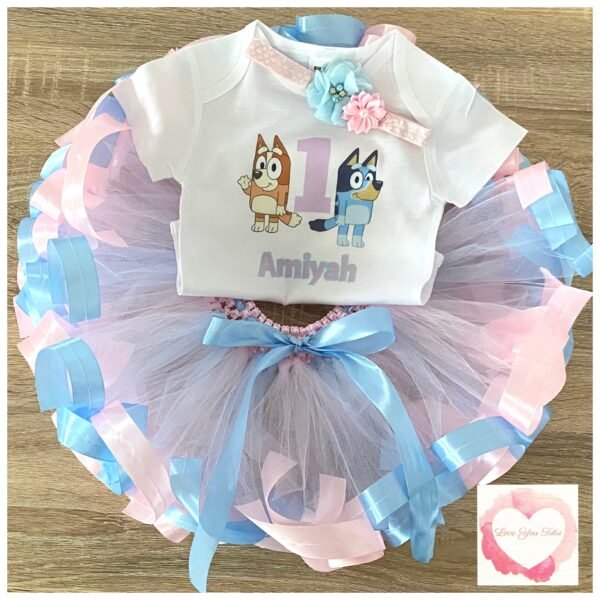 Blue dog ribbon trimmed printed tutu set