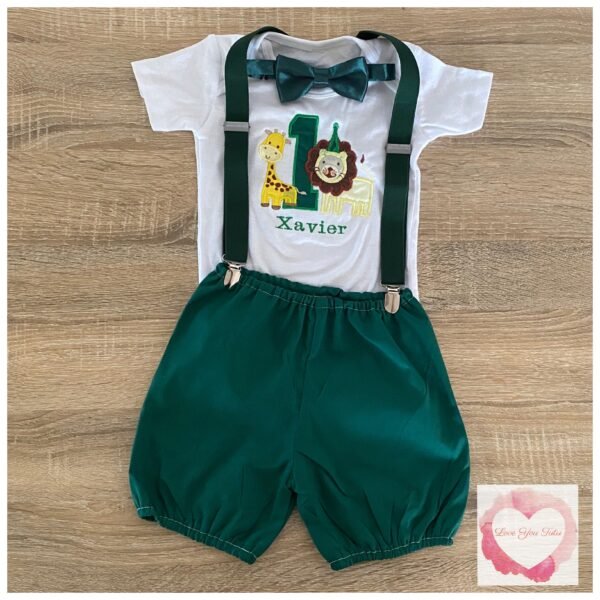 Green Jungle Safari birthday bubble shorts 3 piece set