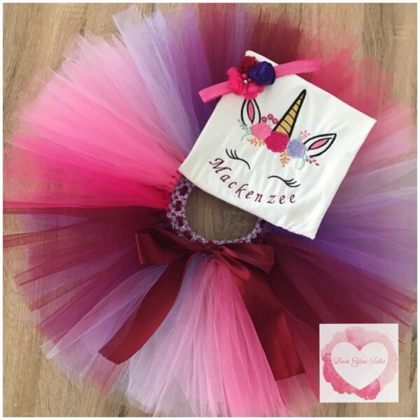 Embroidered Unicorn face pinks & purples tutu set