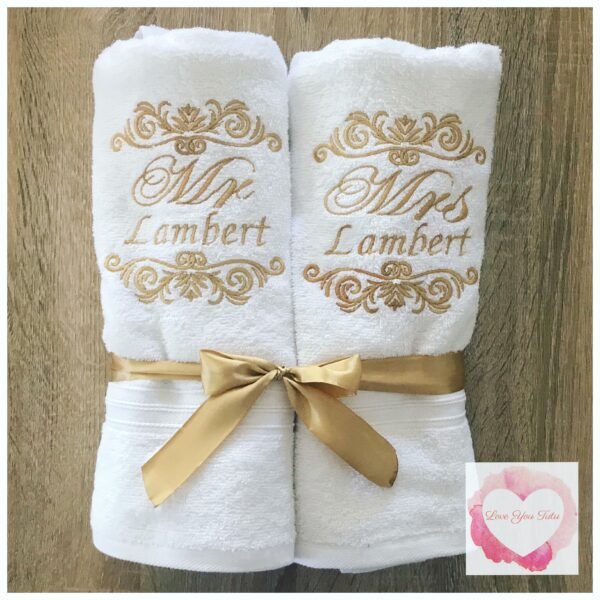 Embroidered Mr & Mrs personalised towel set