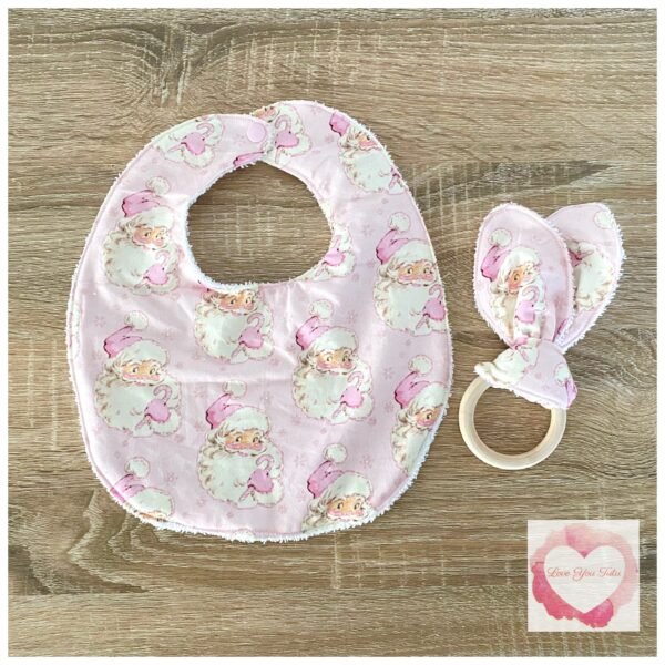 Pink Santa bib & teether set -ready to ship