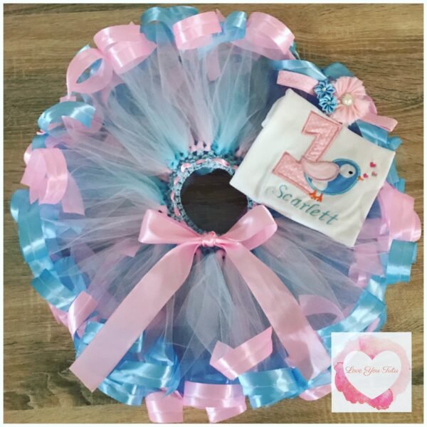 Embroidered ribbon trimmed birdie tutu set