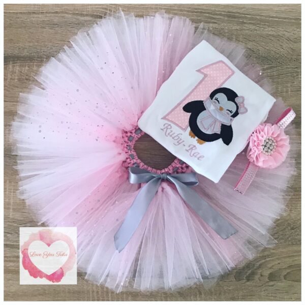 Embroidered Pink penguin tutu set