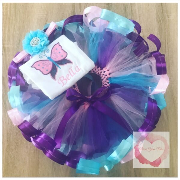 Embroidered Ribbon trimmed butterfly set tutu set