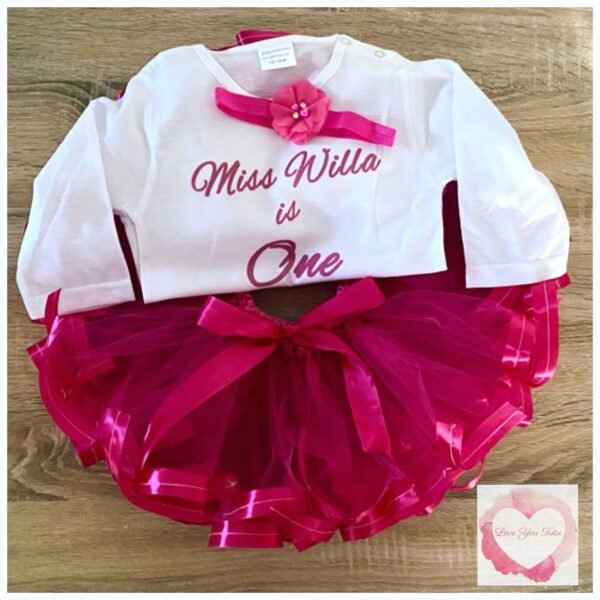 Personalised fuchsia ribbon trimmed tutu set