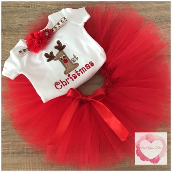Embroidered 1st Christmas reindeer tutu set