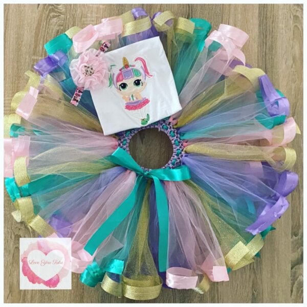Embroidered Ribbon trimmed lol unicorn doll set tutu set